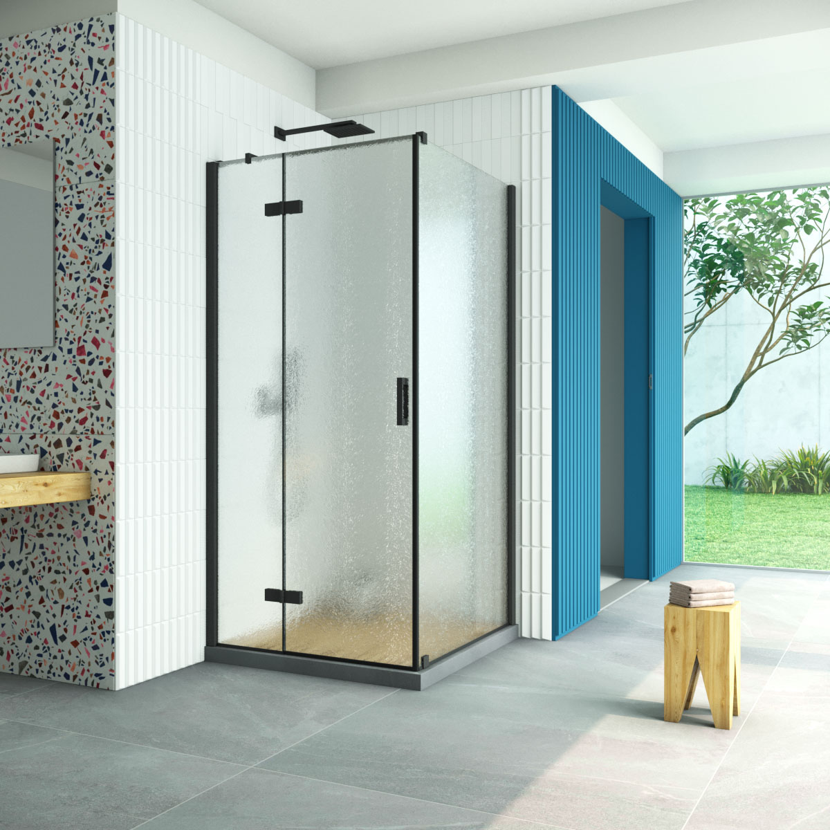 Душевой уголок Vegas Glass AFP-Fis Retta 120*110 02М 02 L, профиль черный матовый, стекло шиншилла