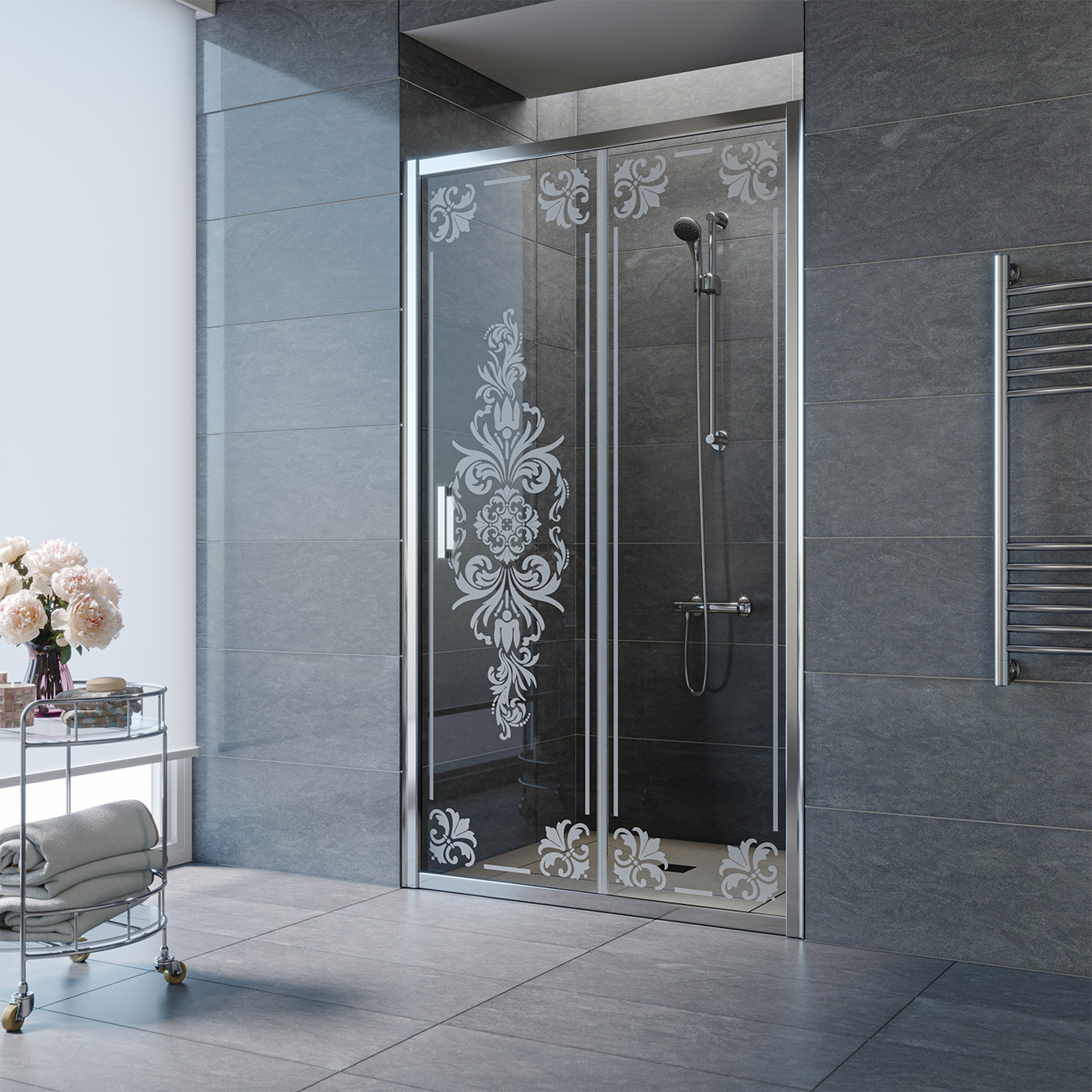 Душевая дверь в нишу Vegas Glass ZP TUR NOVO h1900 180 08 VENZEL 2, профиль глянцевый хром, стекло прозрачное, рисунок сатин