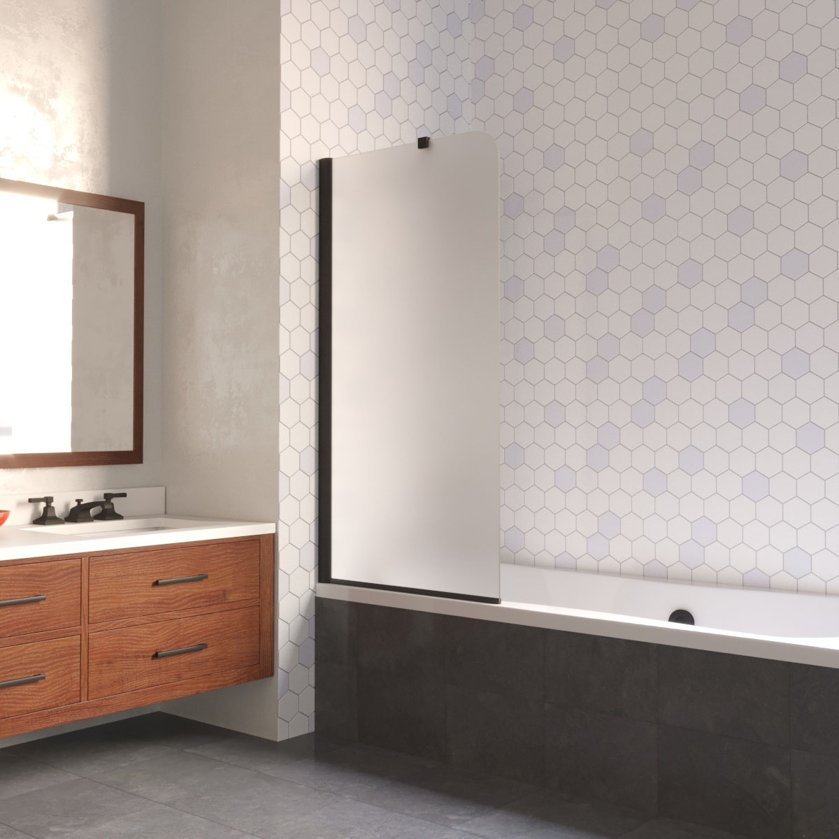 Шторка на ванну Vegas Glass EV LUX ST 76 02М 10 L, профиль черный матовый, стекло сатин