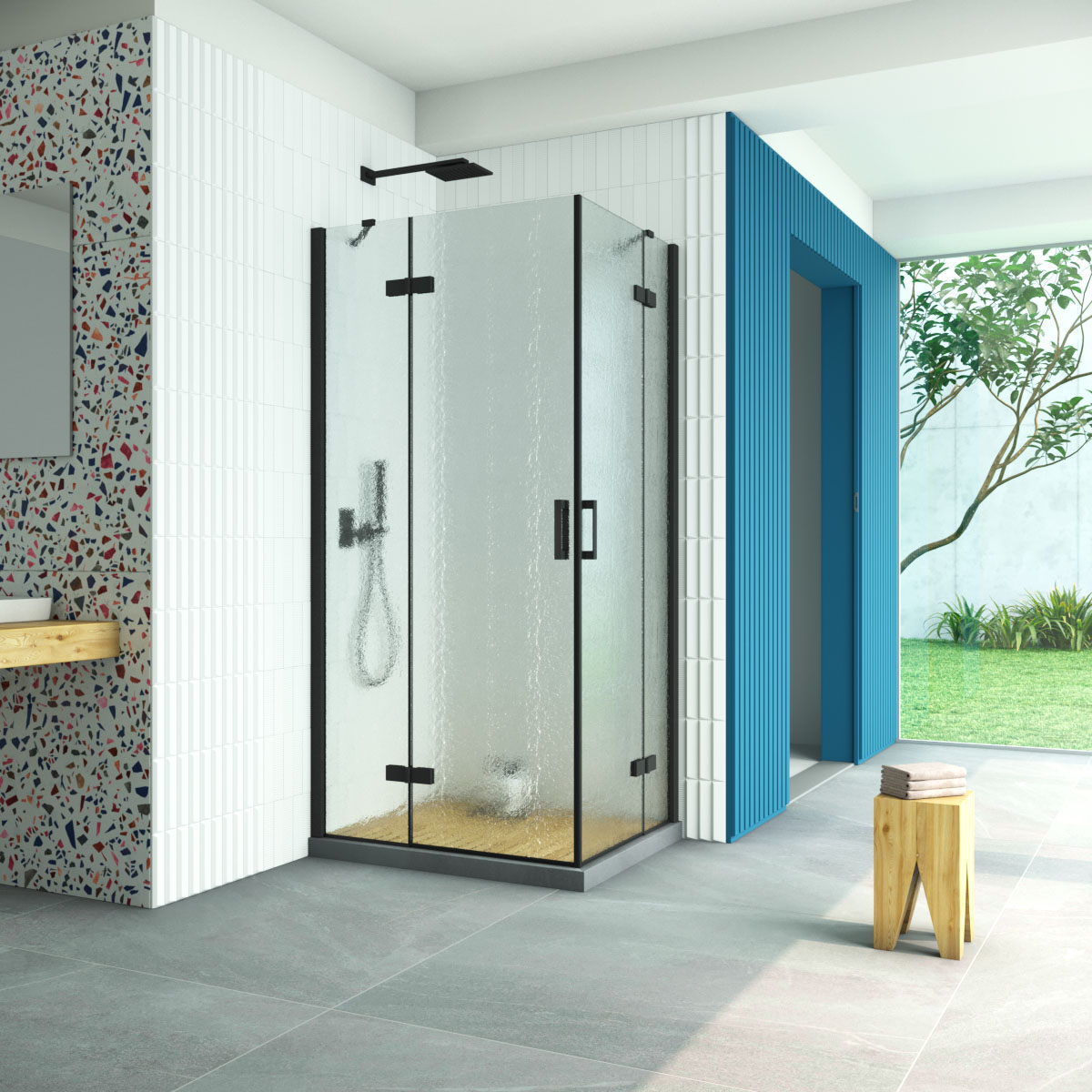 Душевой уголок Vegas Glass AFA-F Retta 100*80 02М 02 L, профиль черный матовый, стекло шиншилла