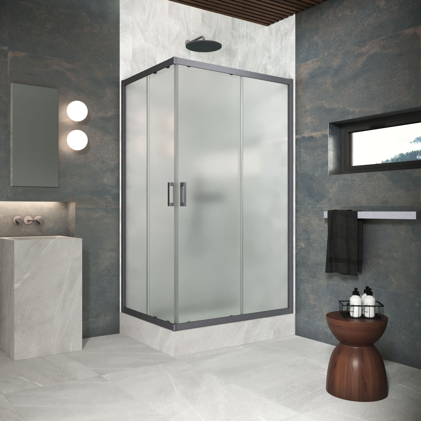 Душевой уголок Vegas Glass ZA-F Protec 95*70 06 10, профиль GunMetal, стекло сатин