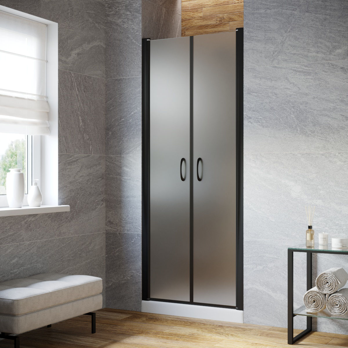 Душевая дверь в нишу Vegas Glass Е2Р LUX 85 02М 10, профиль черный матовый, стекло сатин