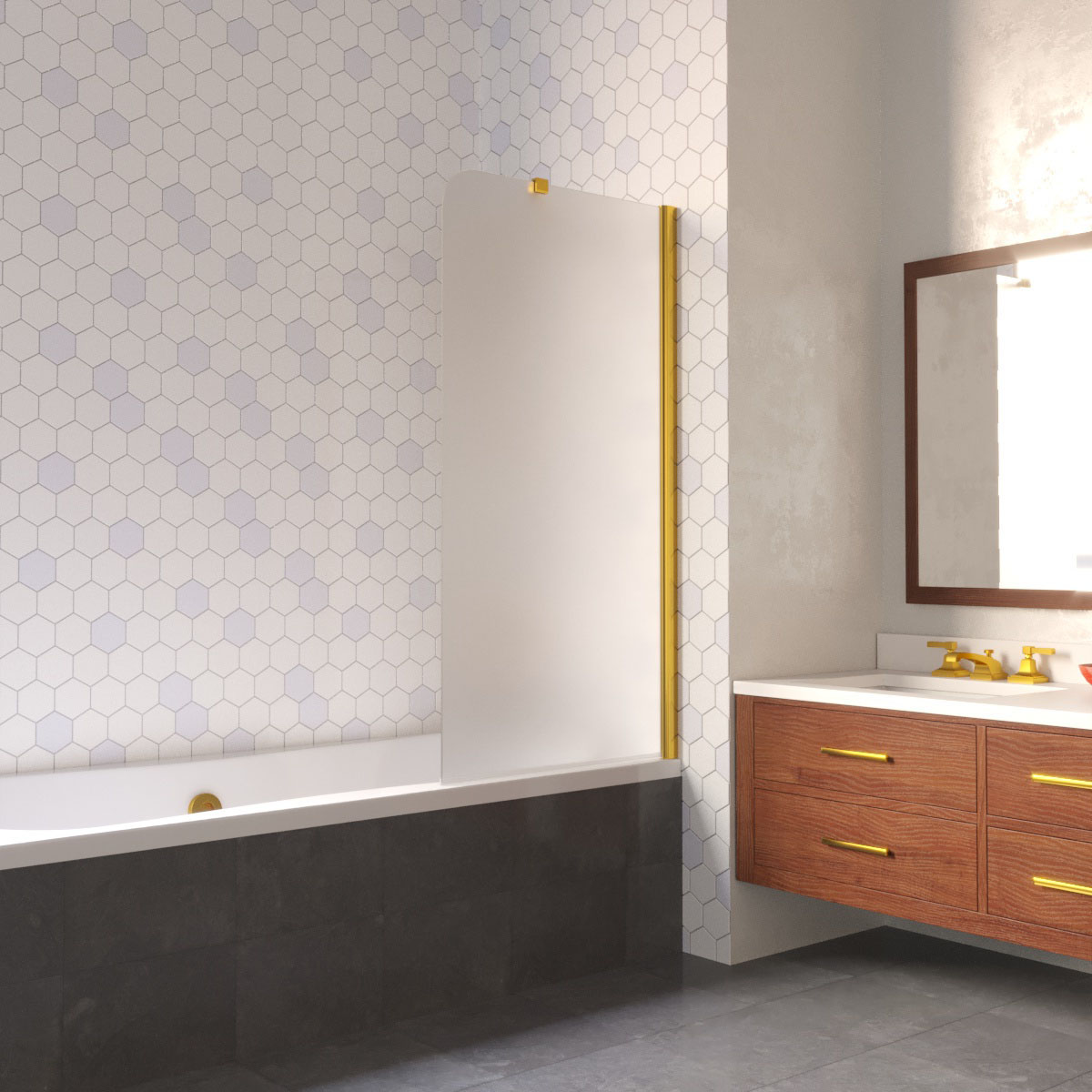 Шторка на ванну Vegas Glass EV LUX ST 76 09 10 R, профиль золото глянцевое, стекло сатин