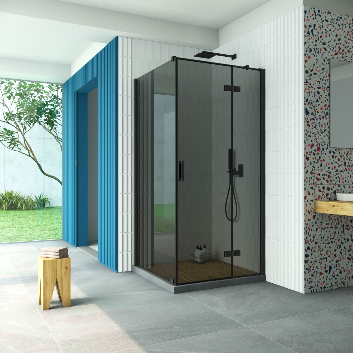 Душевой уголок Vegas Glass AFP-Fis Retta 120*80 02М 07 R, профиль черный матовый стекло графит