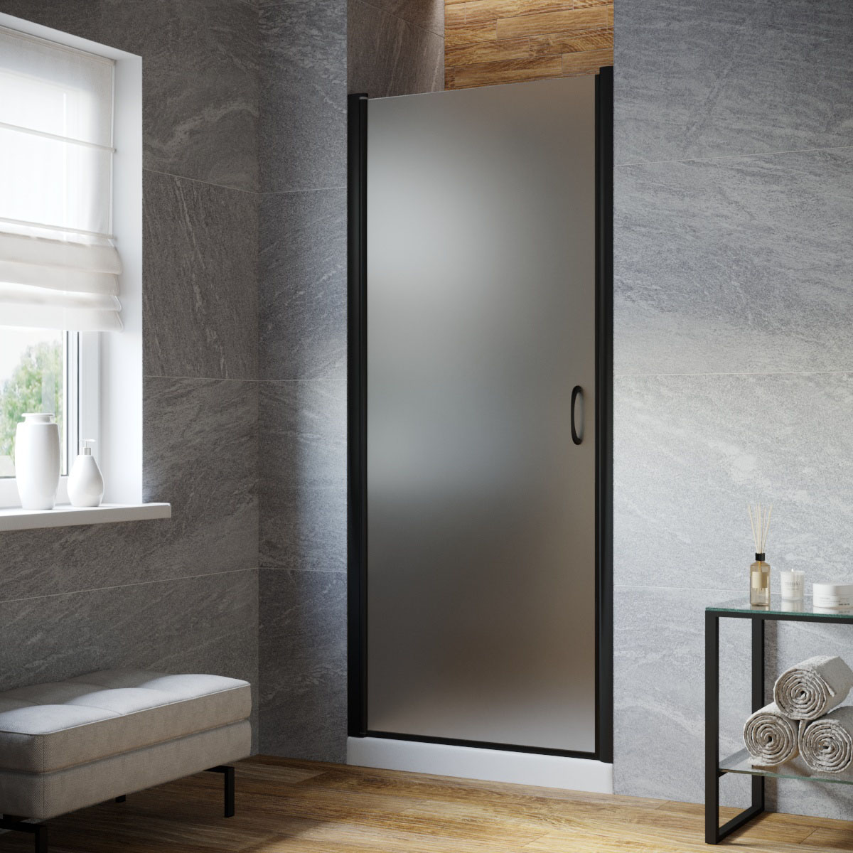 Душевая дверь в нишу Vegas Glass EP LUX 90 02М 10 L, профиль черный матовый, стекло сатин