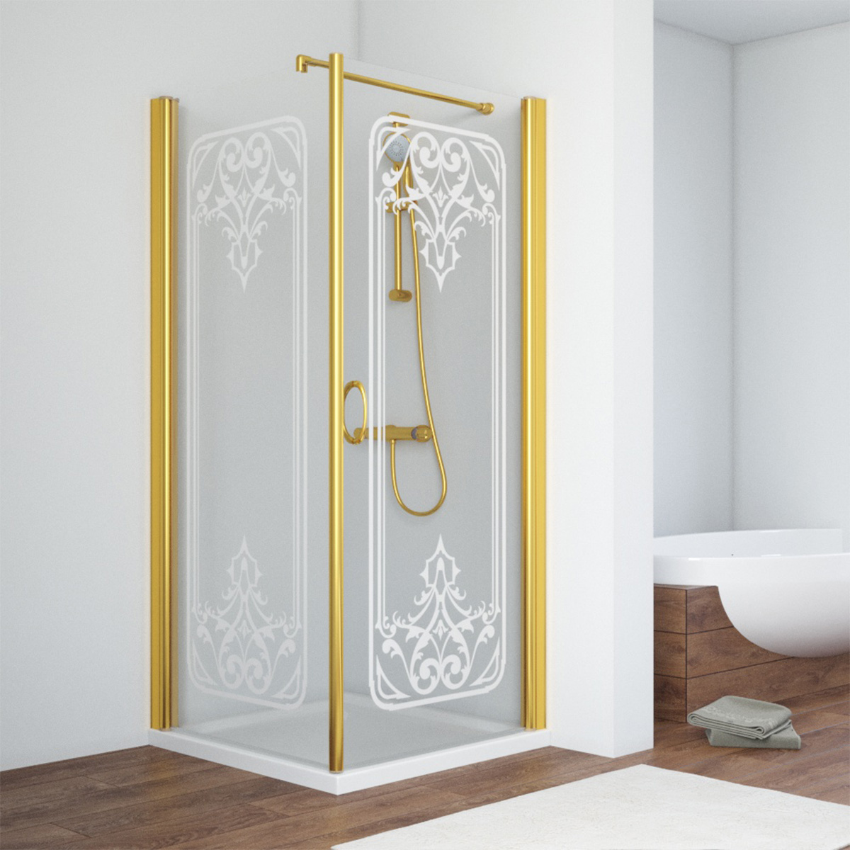 Душевой уголок Vegas Glass EP-Fis 90 09 ARTDECOR D2 R, профиль золото глянцевое, стекло прозрачное, рисунок сатин