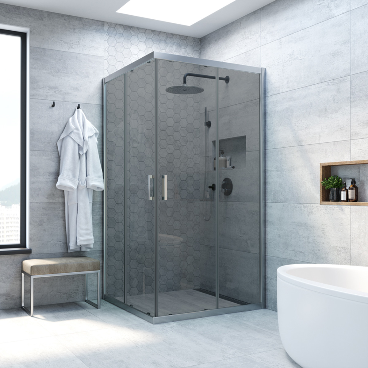 Душевой уголок Vegas Glass ZA NOVO h2000 95 07 07, профиль матовый хром, стекло графит