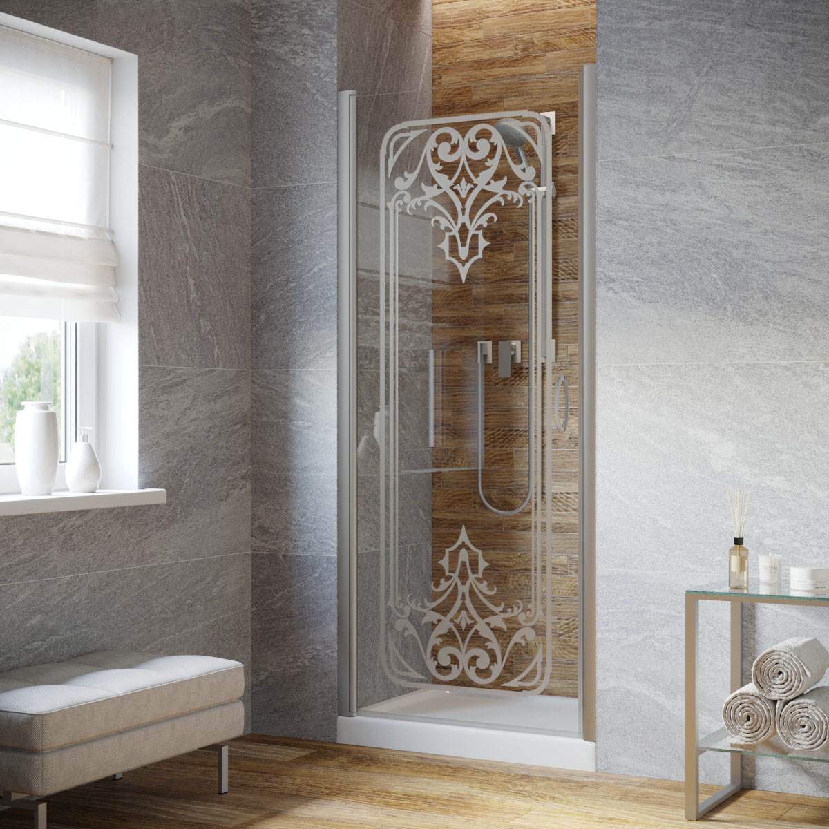 Душевая дверь в нишу Vegas Glass EP LUX 90 07 ARTDECO D1 L, профиль матовый хром, стекло прозрачное, рисунок сатин