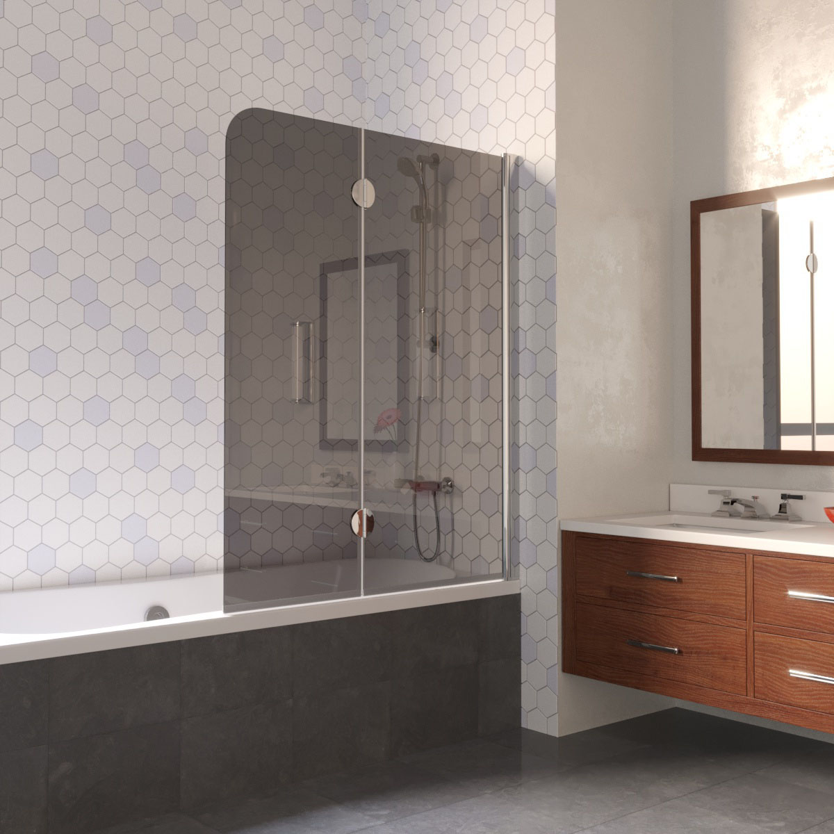 Шторка на ванну Vegas Glass E2V LUX 120 08 07 R, профиль глянцевый хром, стекло графит