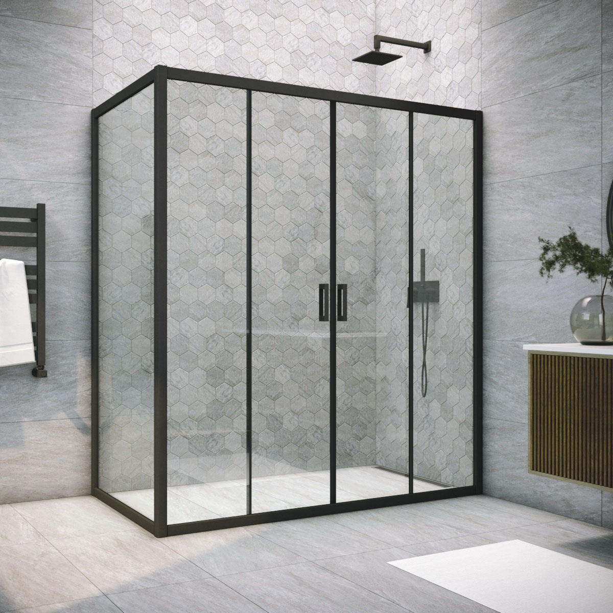 Душевой уголок Vegas Glass Z2P+ZPV NOVO 175*80 02М 01, профиль черный матовый, стекло прозрачное