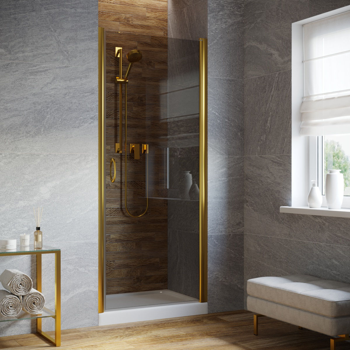 Душевая дверь в нишу Vegas Glass EP LUX 95 09 07 R, профиль золото глянцевое, стекло графит