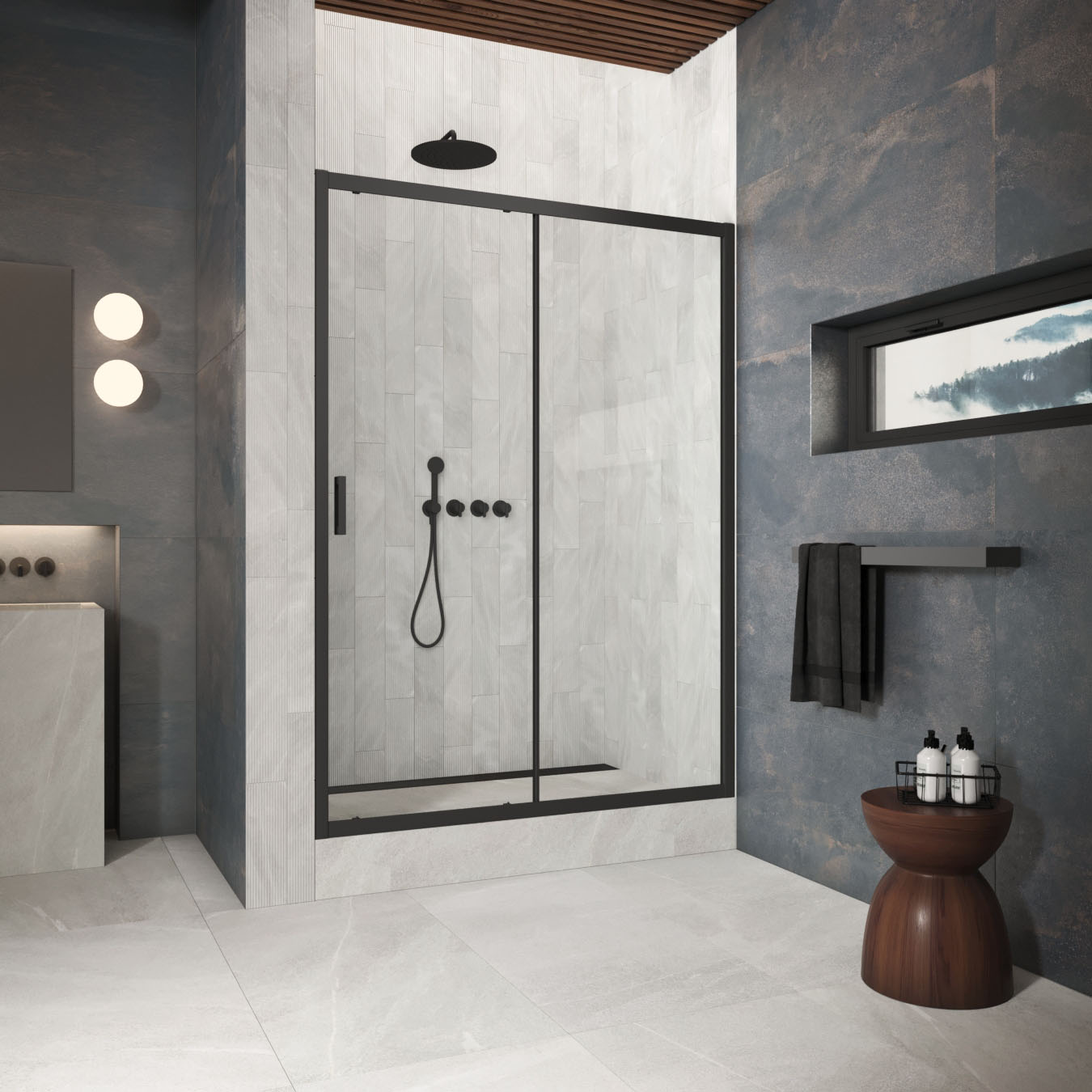 Душевая дверь в нишу Vegas Glass  ZP Protec 170 02М 01, профиль черный матовый, стекло прозрачное