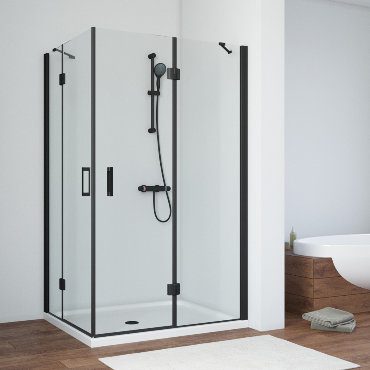 Душевой уголок Vegas Glass AFA-F NOVO 110*90 02М 01 R, профиль черный матовый, стекло прозрачное