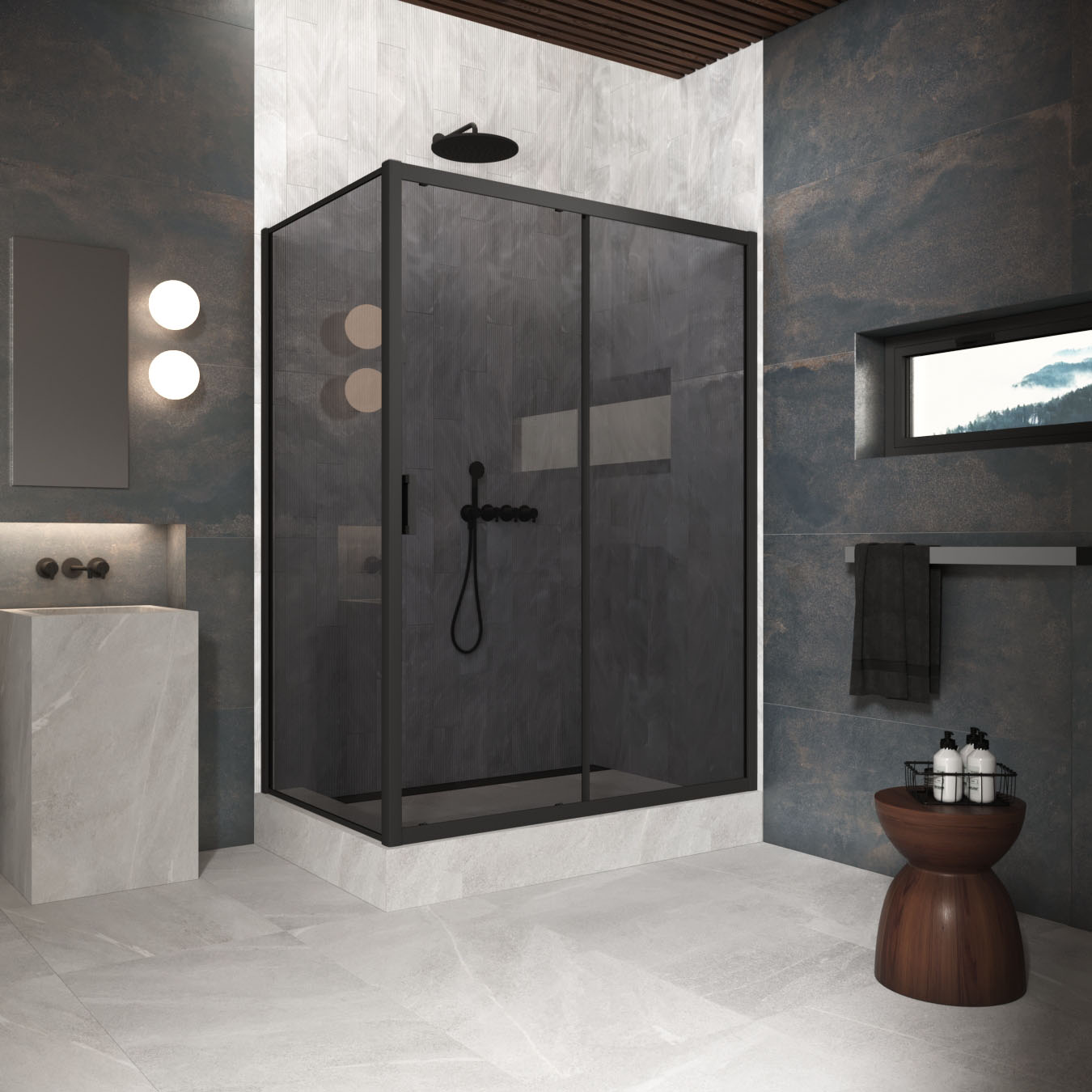 Душевой уголок Vegas Glass ZP+ZPV Protec h1900 130*100 02М 07, профиль черный матовый, стекло графит