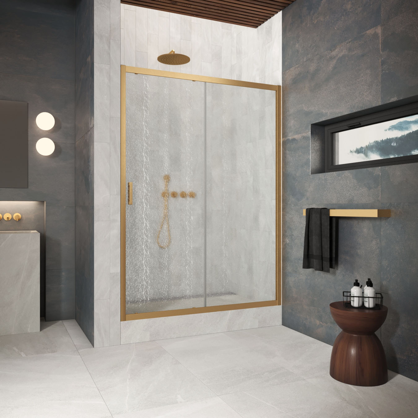 Душевая дверь в нишу Vegas Glass  ZP Protec 165 03 02, профиль золото матовое, стекло шиншилла