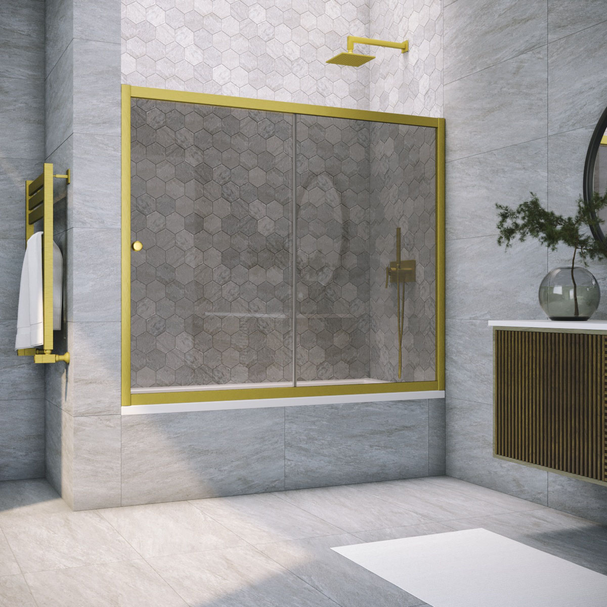 Шторка на ванну Vegas Glass ZV NOVO 160 03 07, профиль золото матовое, стекло графит