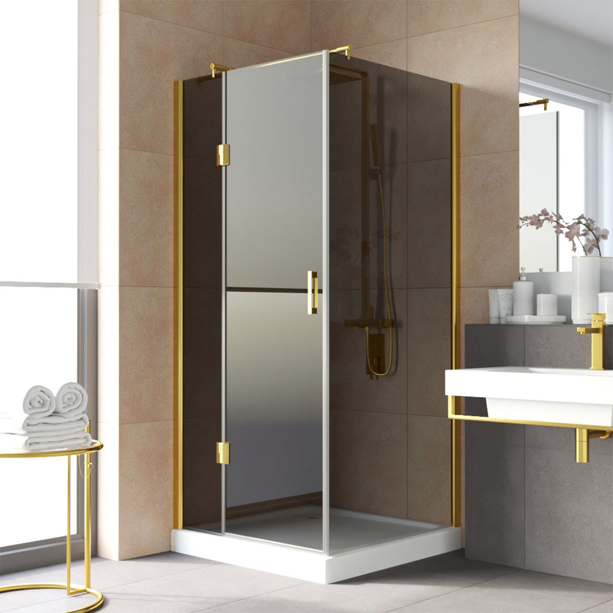 Душевой уголок Vegas Glass AFP-Fis LUX 90*110 09 07 L, профиль золото глянцевое, стекло графит