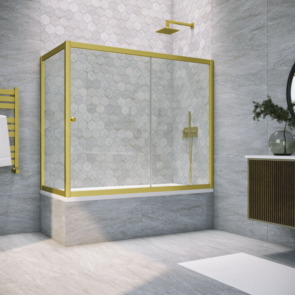 Шторка на ванну Vegas Glass ZV+ZVF NOVO 170*70 03 01, профиль золото матовое, стекло прозрачное