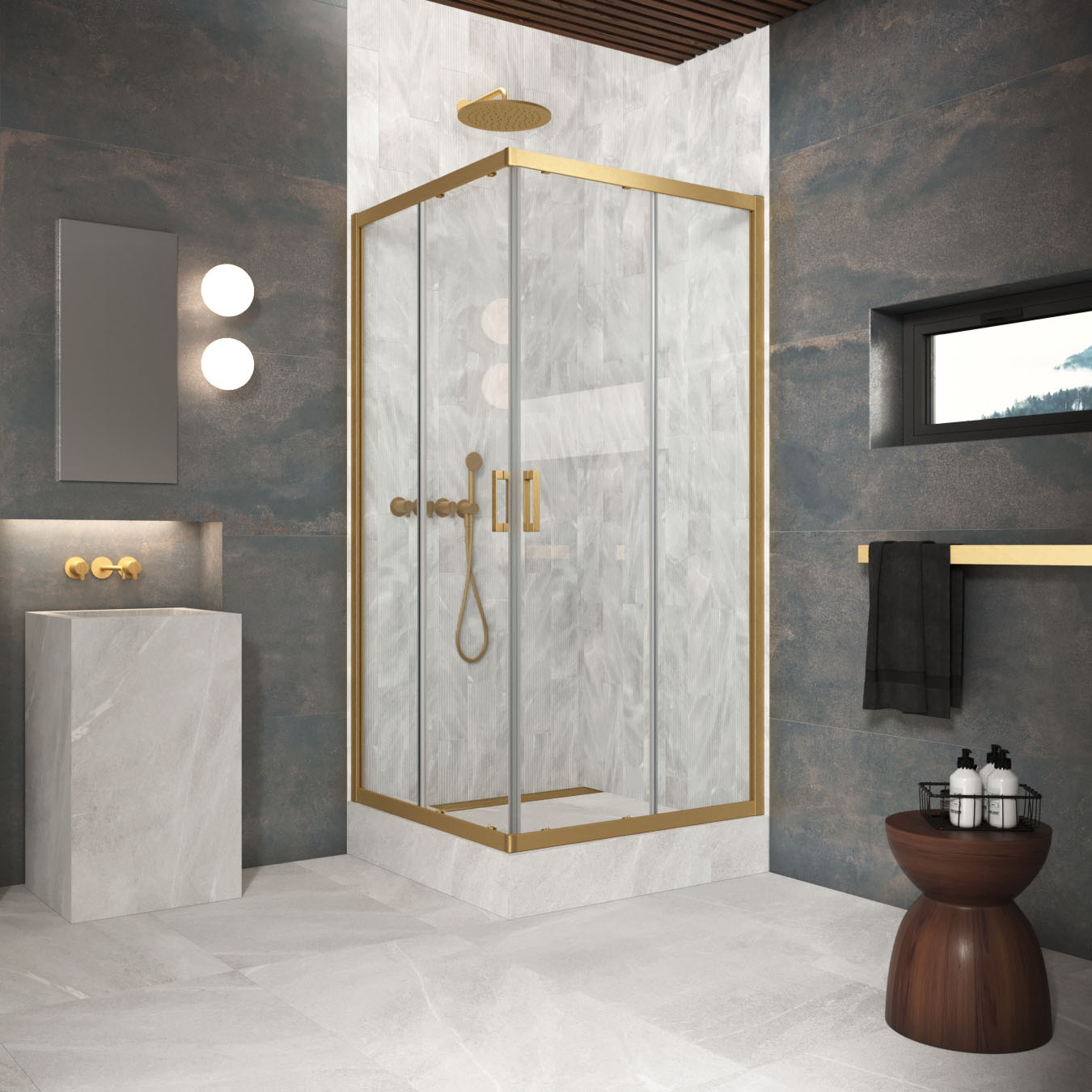 Душевой уголок Vegas Glass ZA Protec 90 03 01, профиль золото матовое, стекло прозрачное