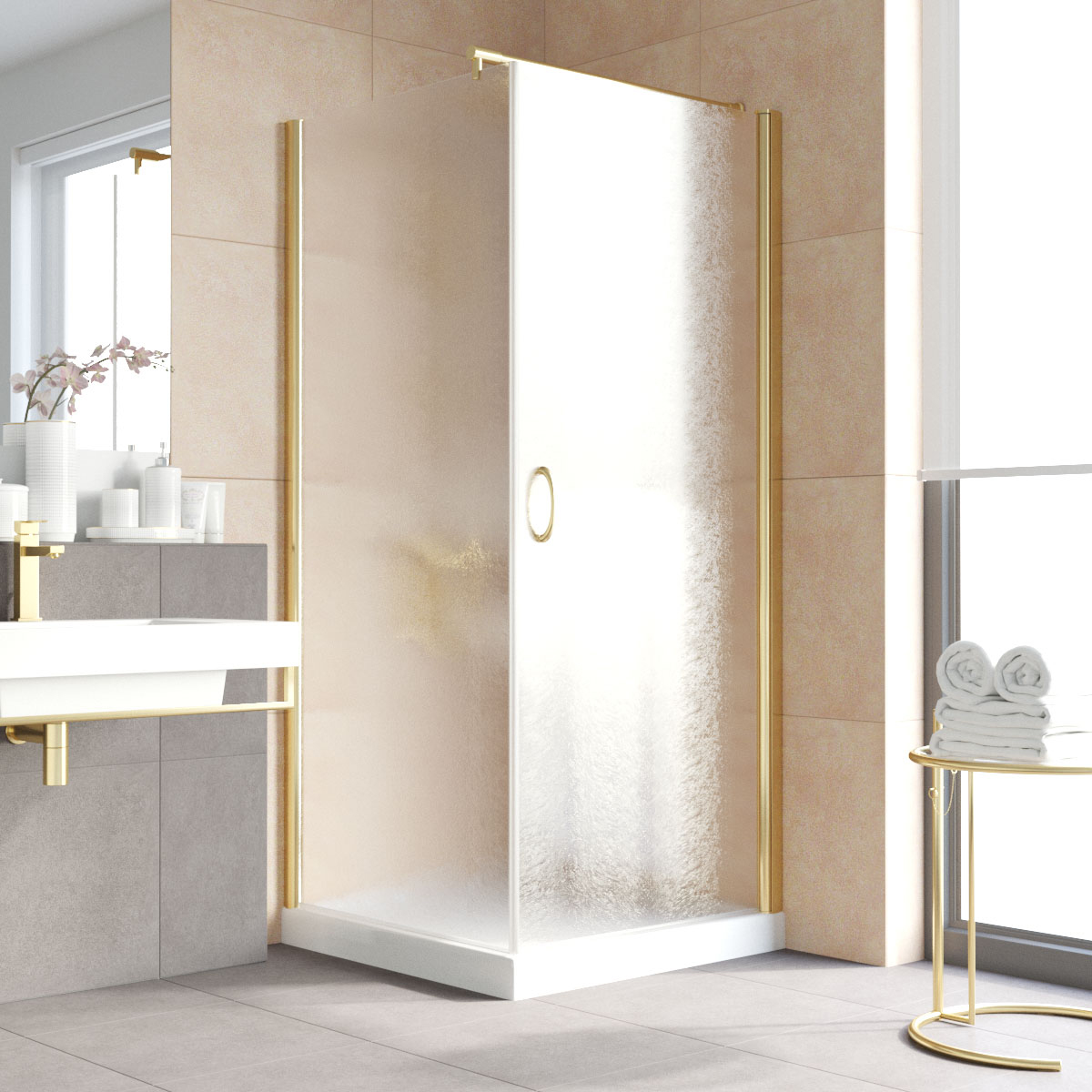 Душевой уголок Vegas Glass EP-Fis LUX 80*90 09 02 R, профиль золото глянцевое, стекло шиншилла