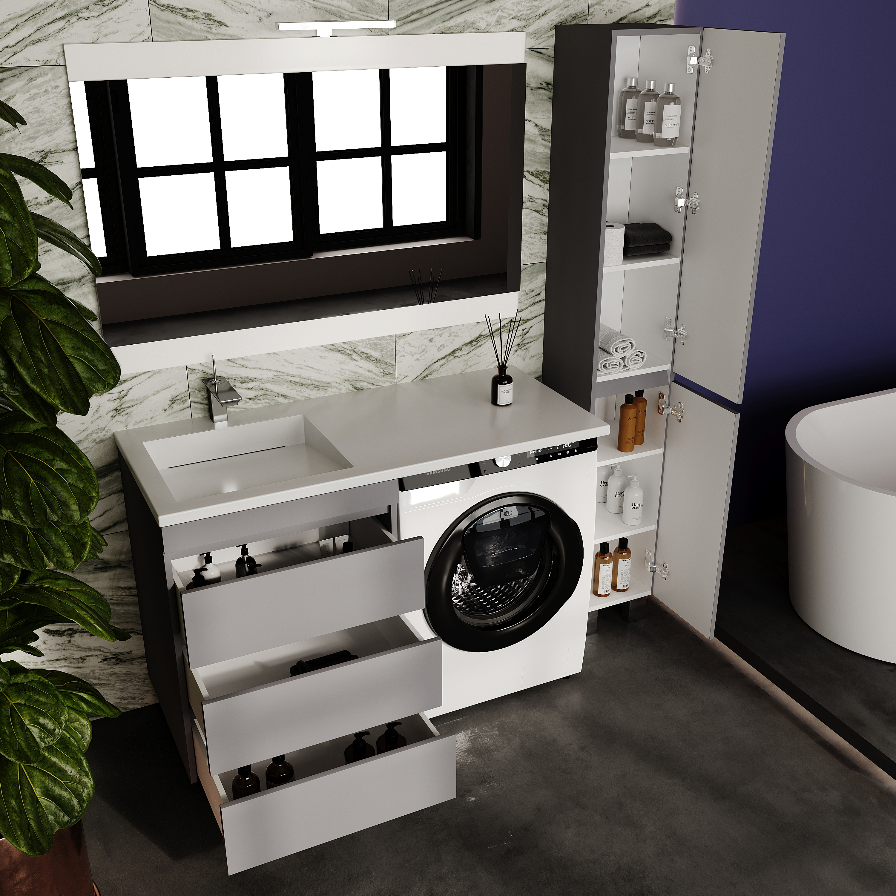 Тумба с раковиной Style Line Даллас Леон 120 L Люкс серая 3 ящика, Plus напольная