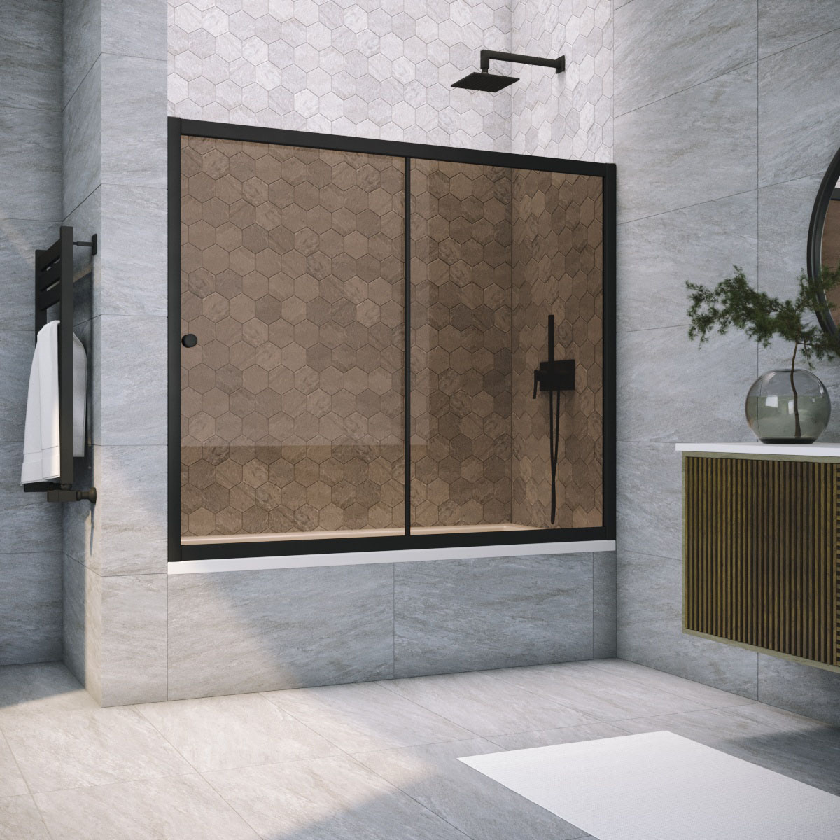 Шторка на ванну Vegas Glass  ZV NOVO 160 02М 05, профиль черный матовый, стекло бронза