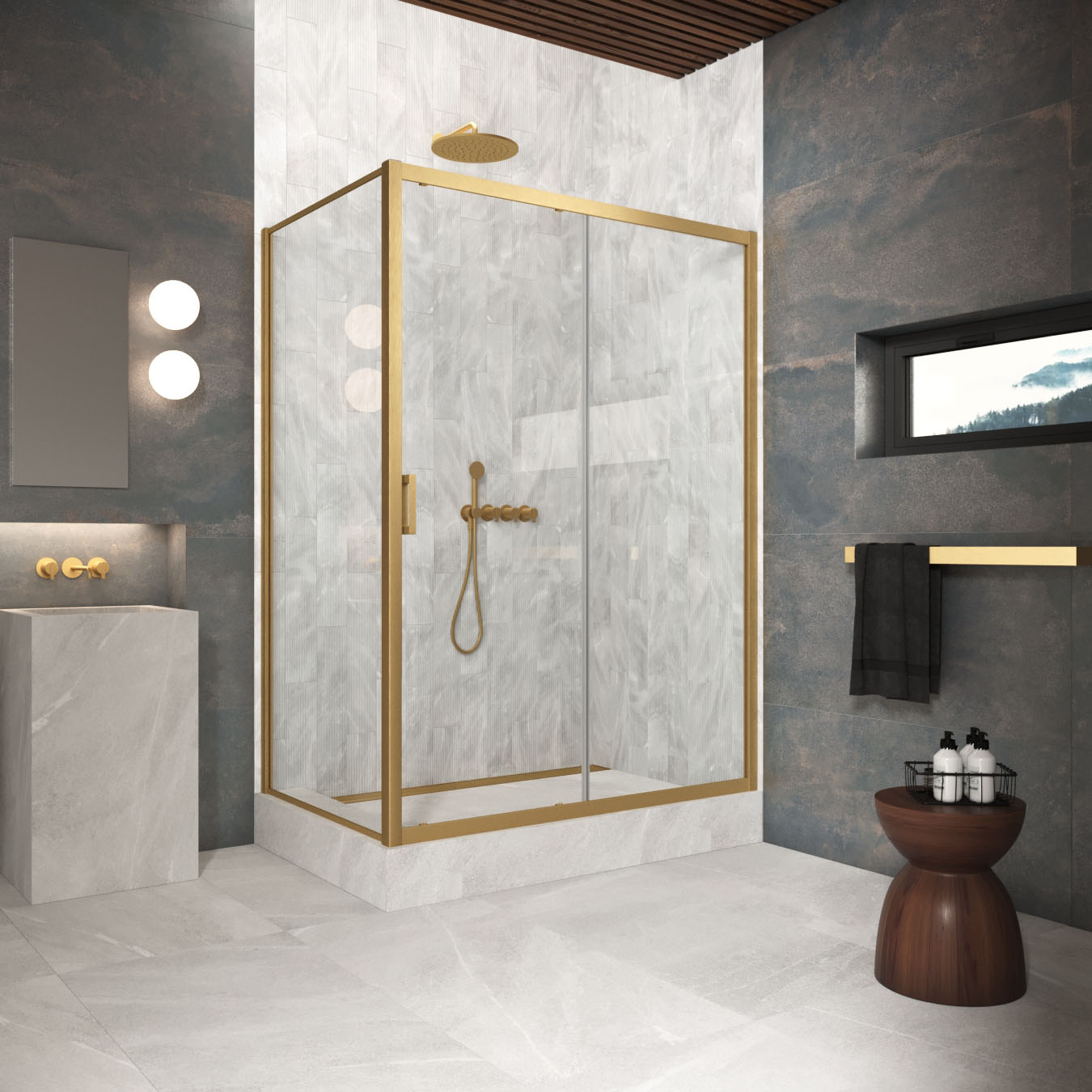 Душевой уголок Vegas Glass ZP+ZPV Protec 175*75 03 01, профиль золото матовое, стекло прозрачное