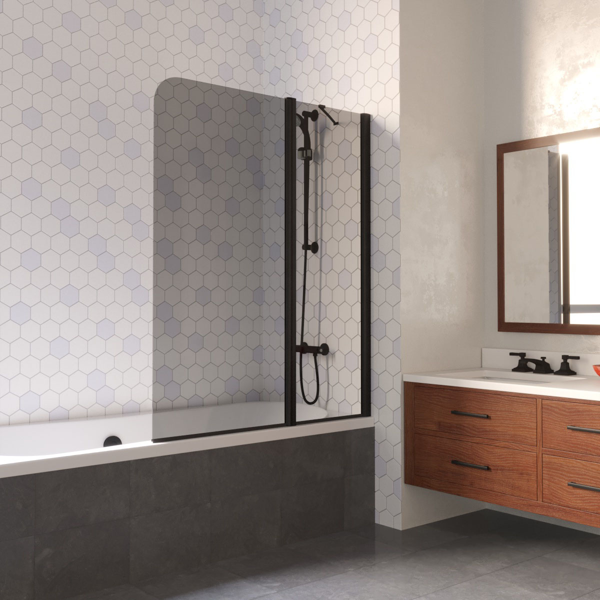 Шторка на ванну Vegas Glass E2V LUX ST 115 02М 07 R, профиль черный матовый, стекло графит