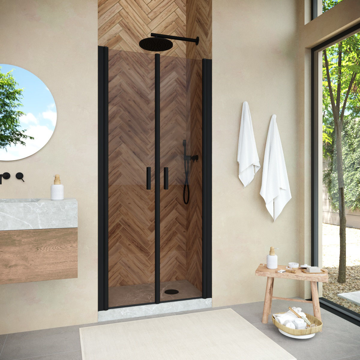 Душевая дверь в нишу Vegas Glass  E2P NOVO 80 02М 05, профиль черный матовый, стекло бронза