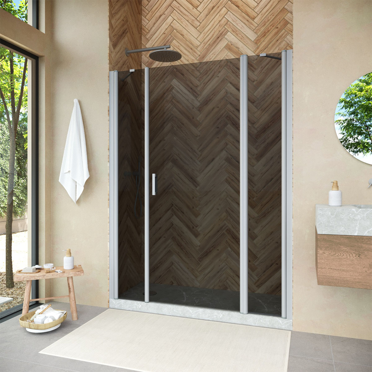 Душевая дверь в нишу Vegas Glass  EP-2F NOVO h2000 205 07 07 R, профиль матовый хром, стекло графит