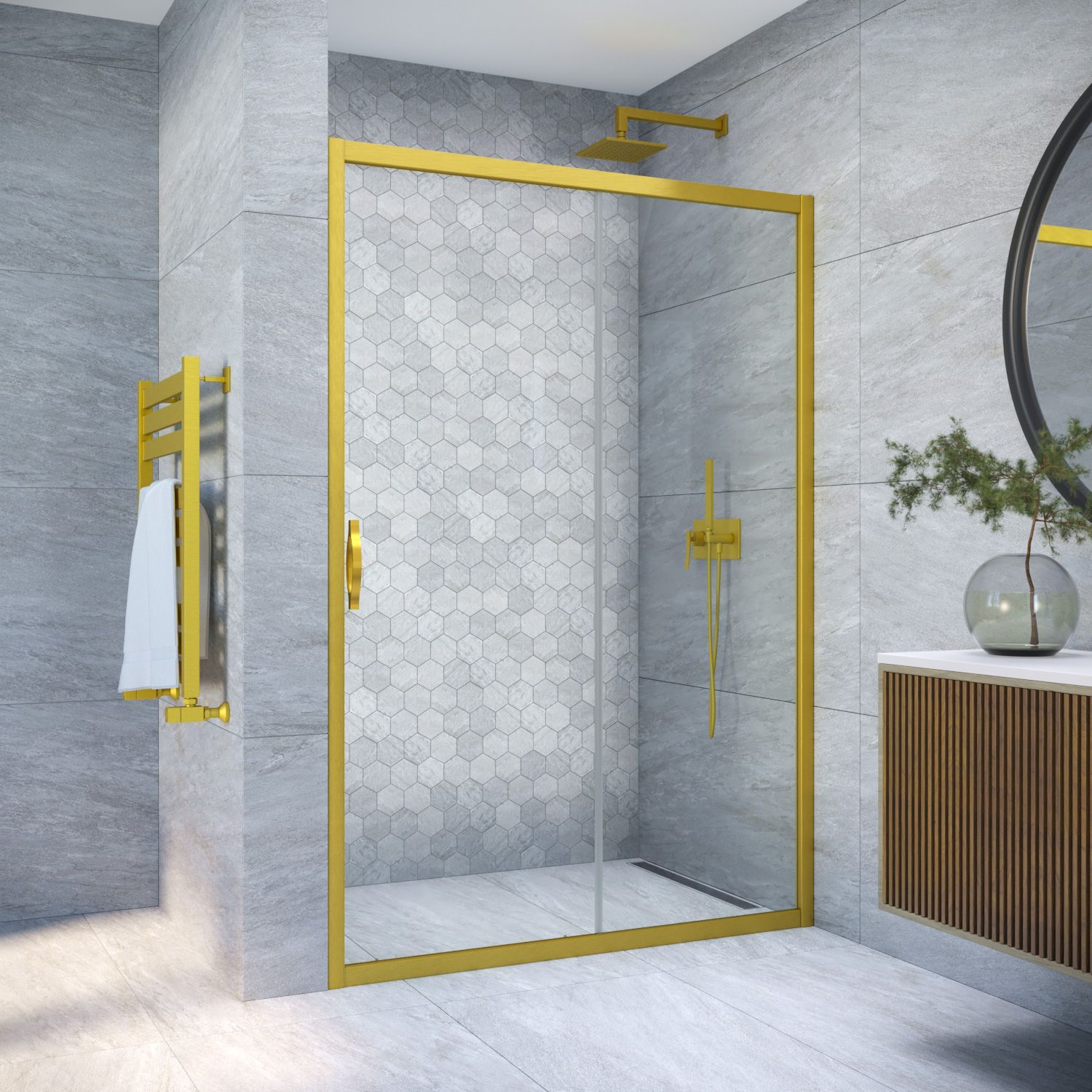 Душевая дверь в нишу Vegas Glass ZP NOVO h2000 135 03 01 профиль золото матовое, стекло прозрачное