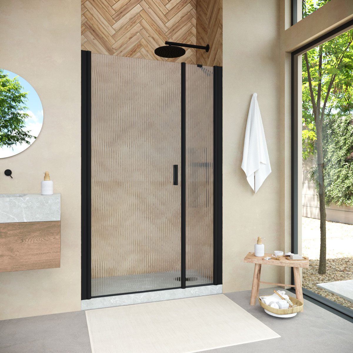 Душевая дверь в нишу Vegas Glass  EP-F-2 NOVO 135 02М Moru L, профиль черный матовый, стекло Moru