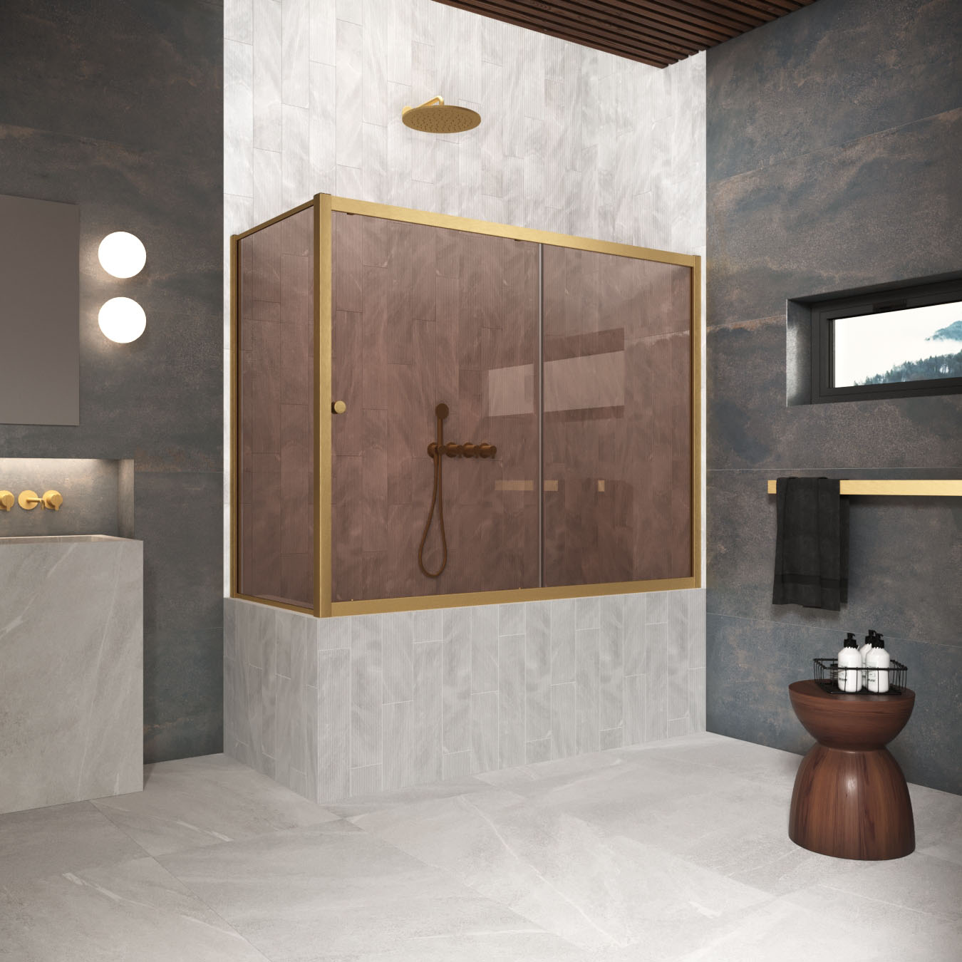 Шторка на ванну Vegas Glass  ZV+ZVF Protec 150*75 03 05, профиль золото матовое, стекло бронза