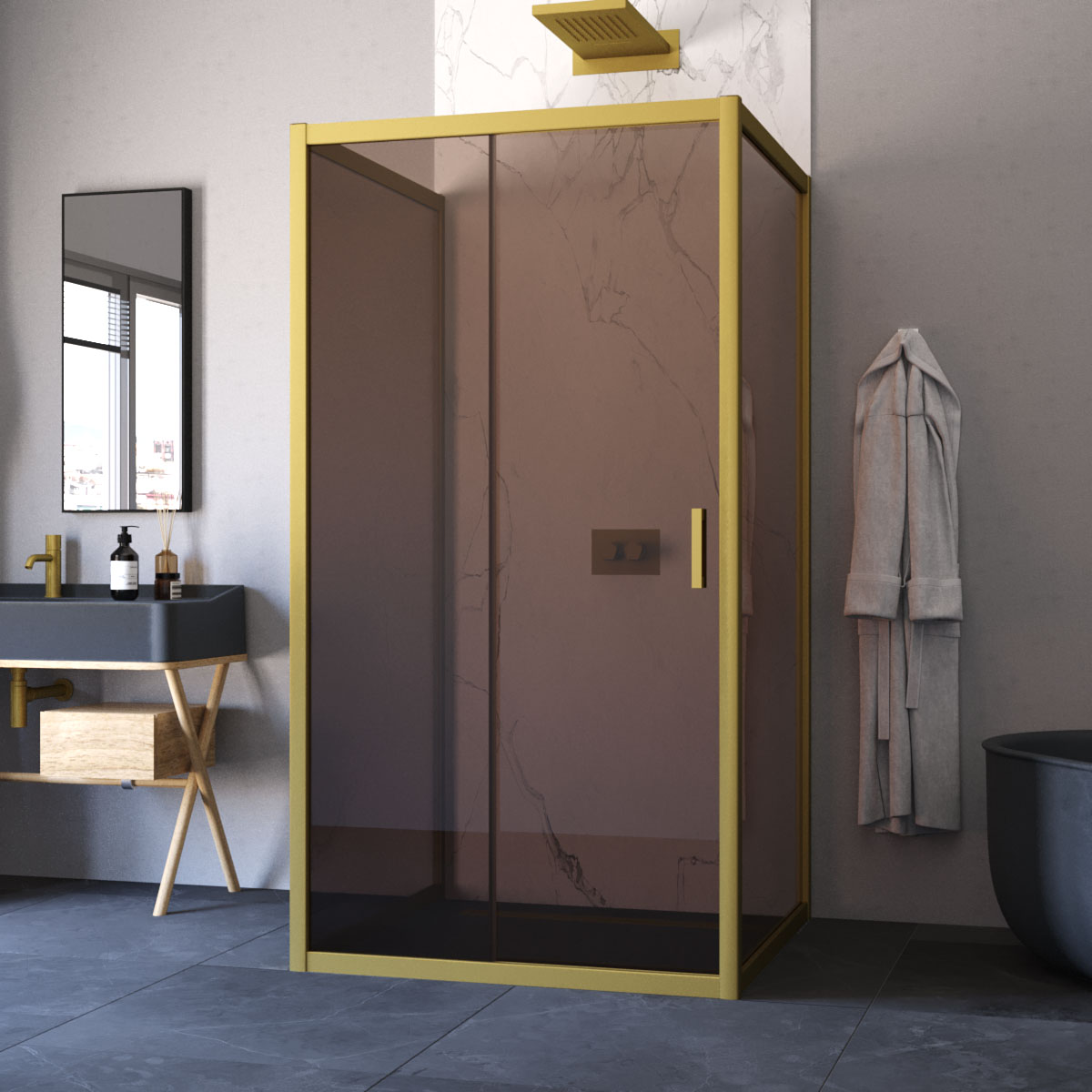 Душевой уголок Vegas Glass ZP-U NOVO h2000 100*90 03 05, профиль золото матовое, стекло бронза