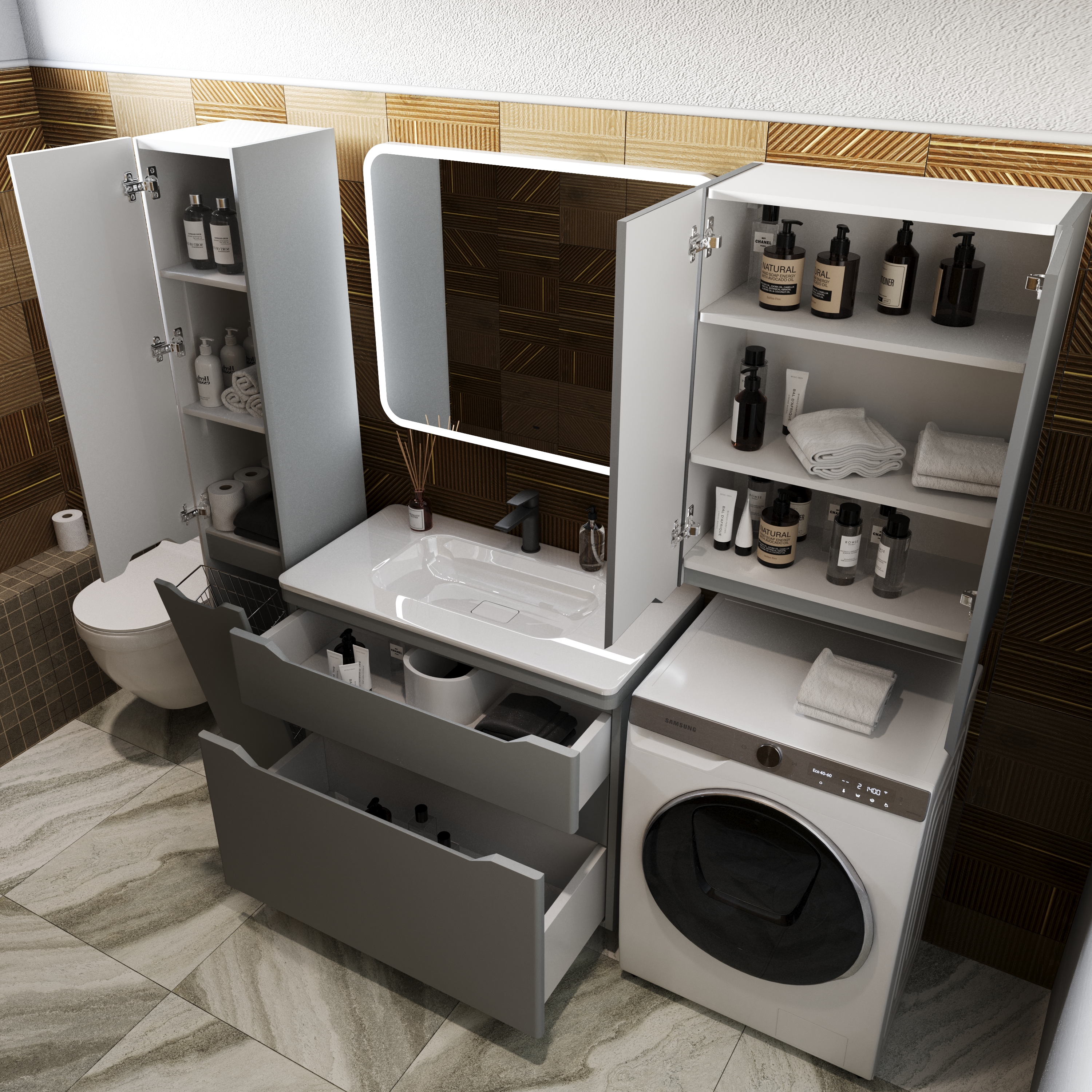 Тумба с раковиной Style Line Марелла 90 2 ящика Люкс антискрейтч серая, Plus напольная