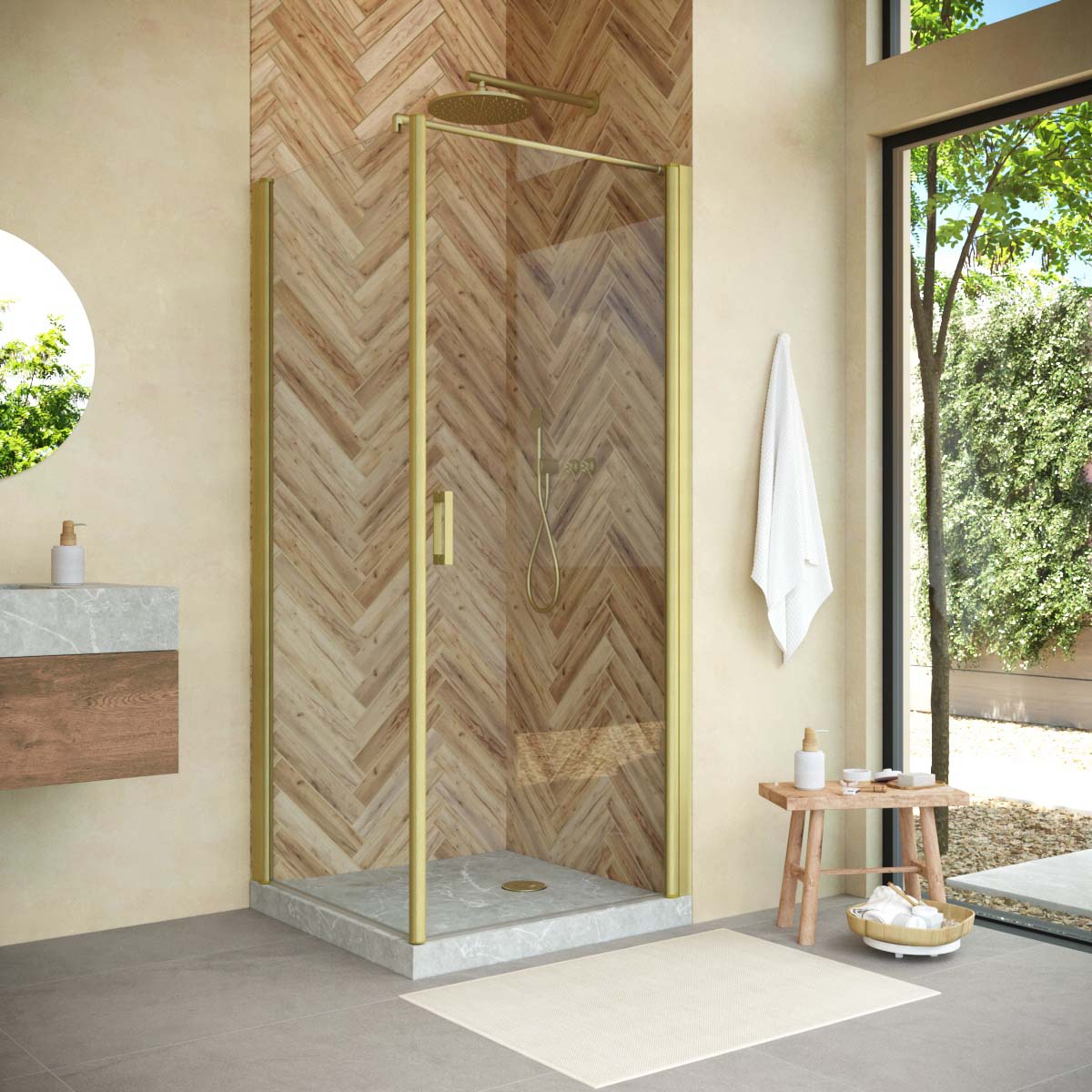 Душевой уголок Vegas Glass EP-FIS NOVO 90*80 03 01 R, профиль золото матовое, стекло прозрачное