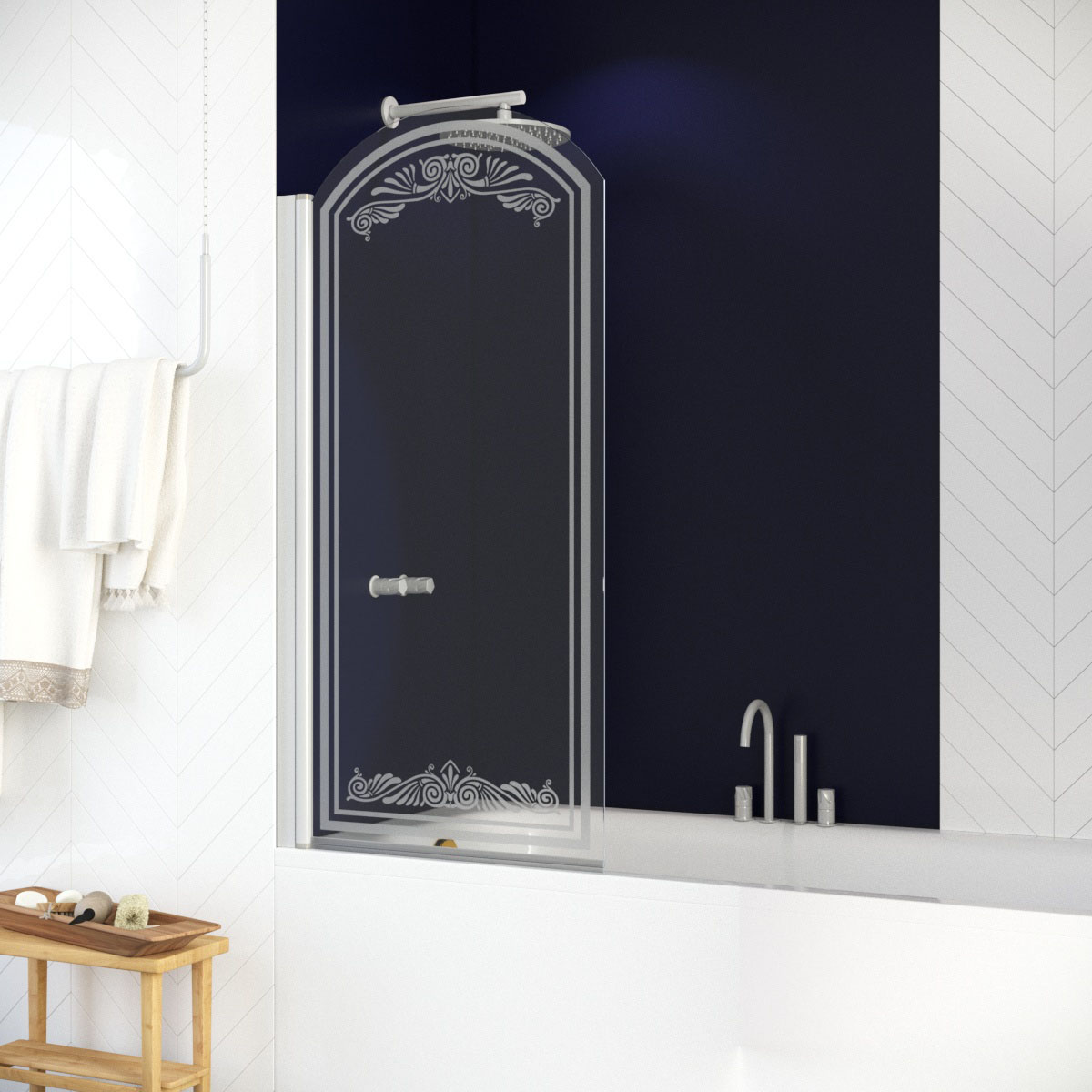 Шторка на ванну Vegas Glass EV ARC 76 01 B5+kristall L, профиль белый, стекло бронза рисунок kristall