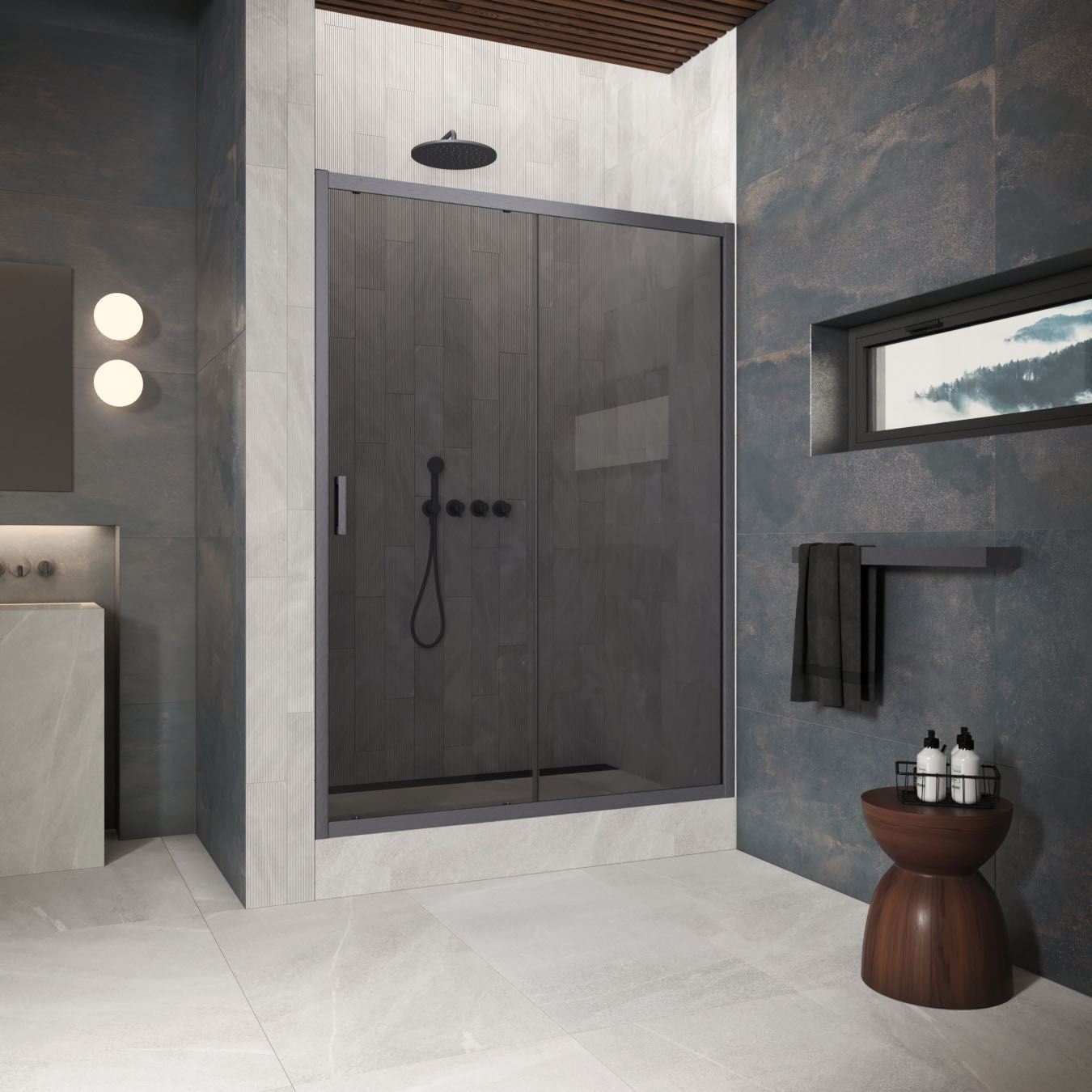 Душевая дверь в нишу Vegas Glass  ZP Protec 165 06 07, профиль GunMetal, стекло графит