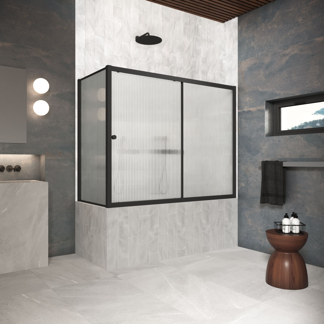 Шторка на ванну Vegas Glass  ZV+ZVF Protec 160*85 02М Moru, профиль черный матовый, стекло Moru