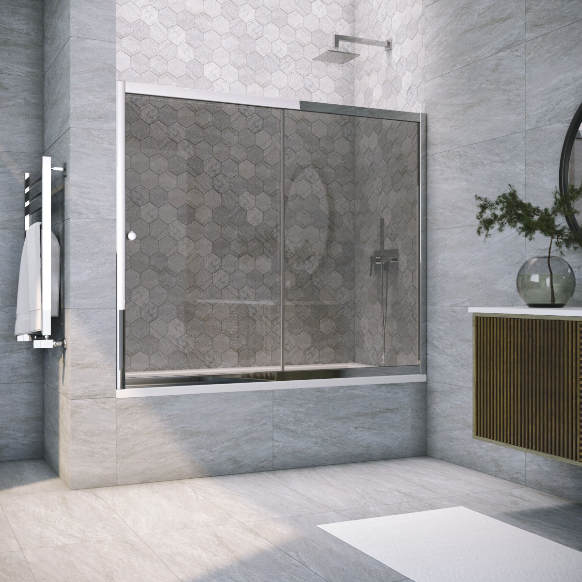 Шторка на ванну Vegas Glass ZV TUR NOVO 180 08 07, профиль глянцевый хром, стекло графит