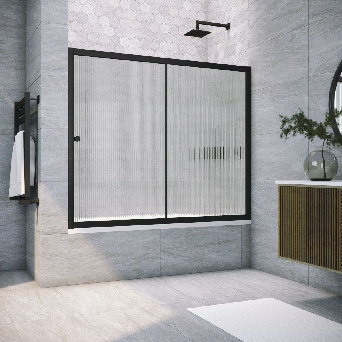 Шторка на ванну Vegas Glass  ZV NOVO 160 02М Moru, профиль черный матовый, стекло Moru