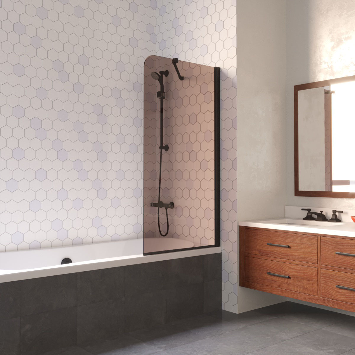 Шторка на ванну Vegas Glass EV LUX ST 76 02М 05 R, профиль черный матовый, стекло бронза