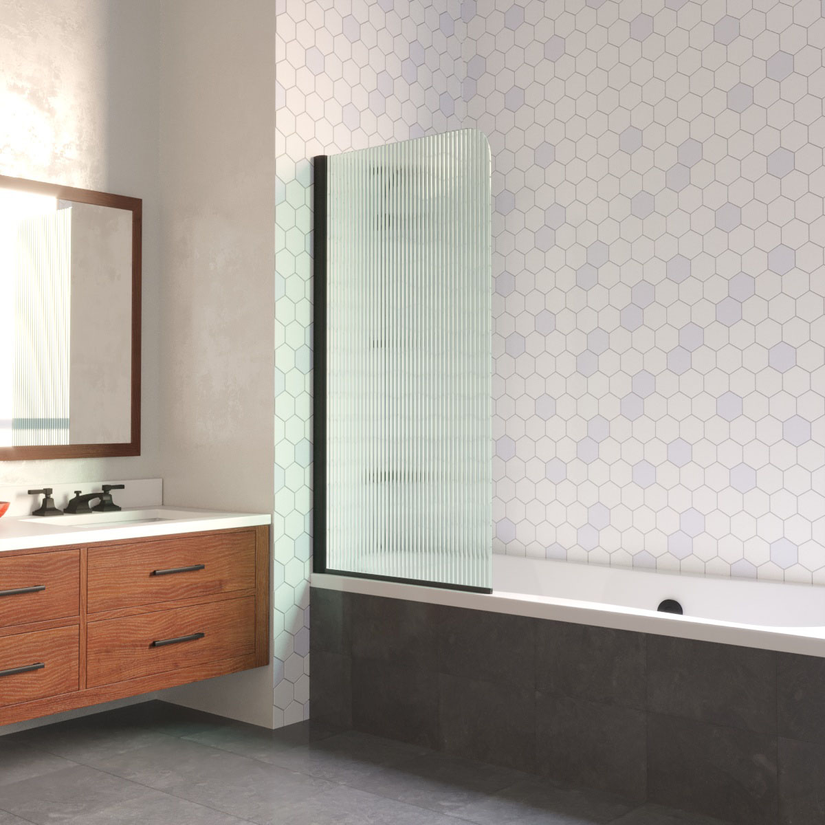 Шторка на ванну Vegas Glass  EV LUX 60 02М Moru L, профиль черный матовый, стекло Moru