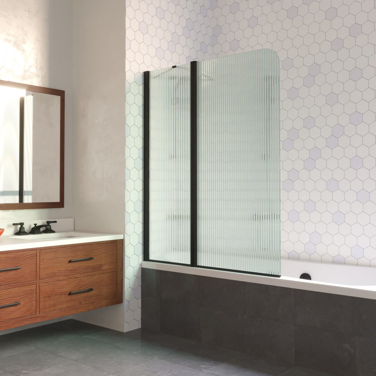 Шторка на ванну Vegas Glass  E2V LUX ST 115 02М Moru L, профиль черный матовый, стекло Moru