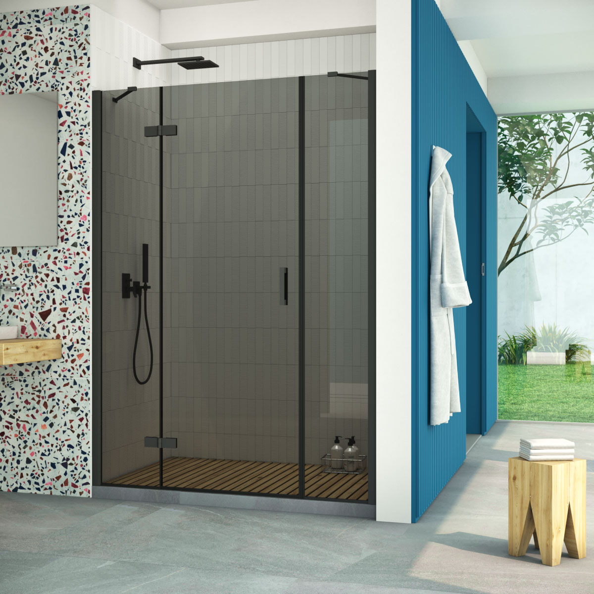 Душевая дверь в нишу Vegas Glass AFP-F Retta 140 02М 07 L, профиль черный матовый стекло графит