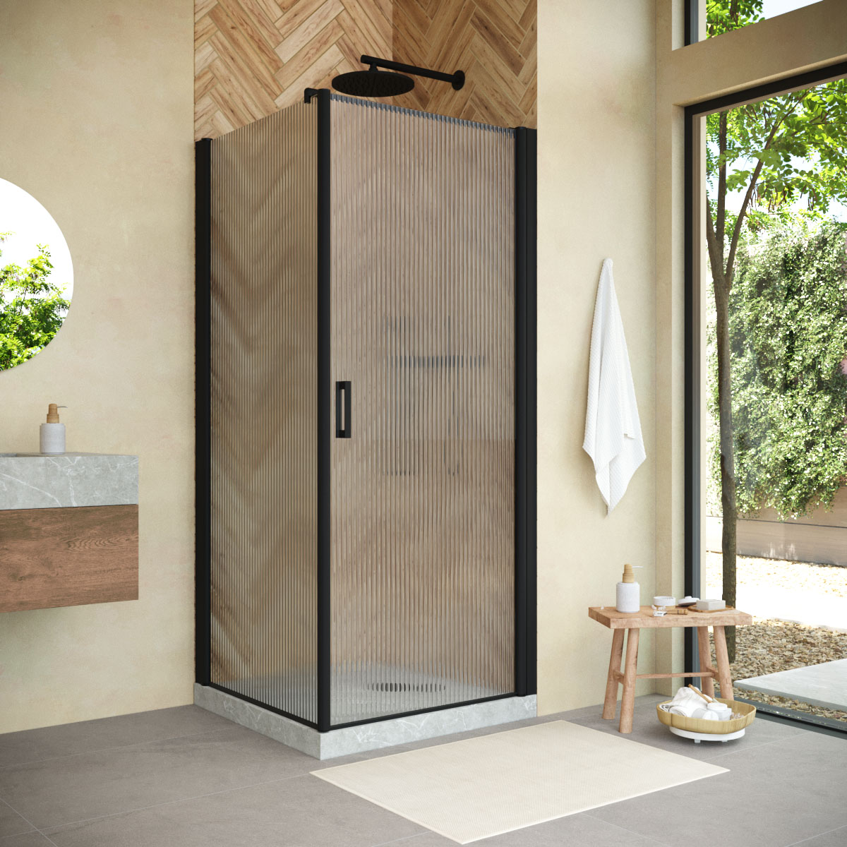 Душевой уголок Vegas Glass EP-FIS NOVO 90*100 02М Moru R, профиль черный матовый, стекло Moru