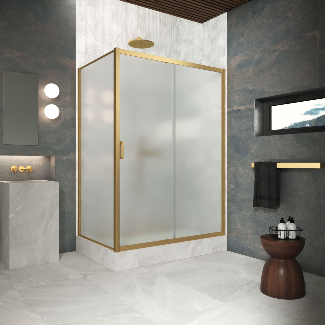 Душевой уголок Vegas Glass ZP+ZPV Protec 130*95 03 10, профиль золото матовое, стекло сатин