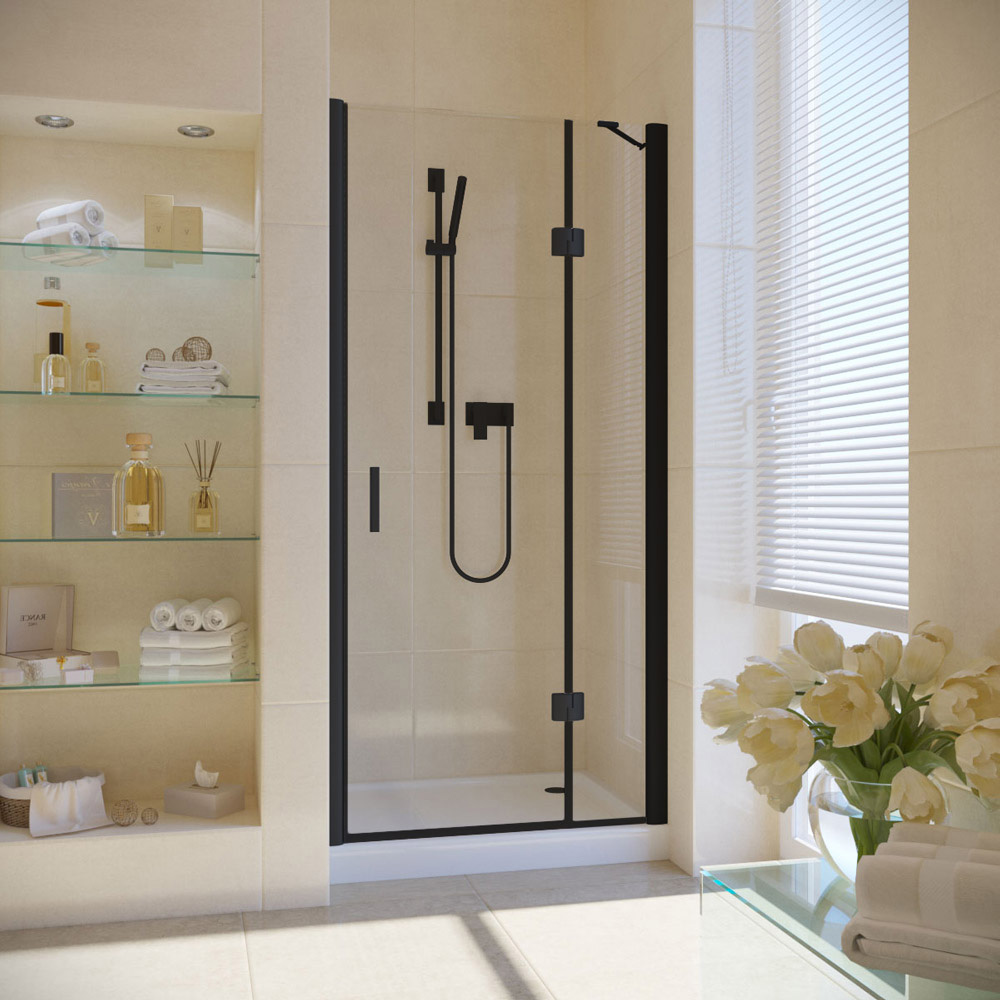 Душевая дверь в нишу Vegas Glass AFP LUX 90 02М crystalvision R, профиль черный матовый, стекло crystalvision