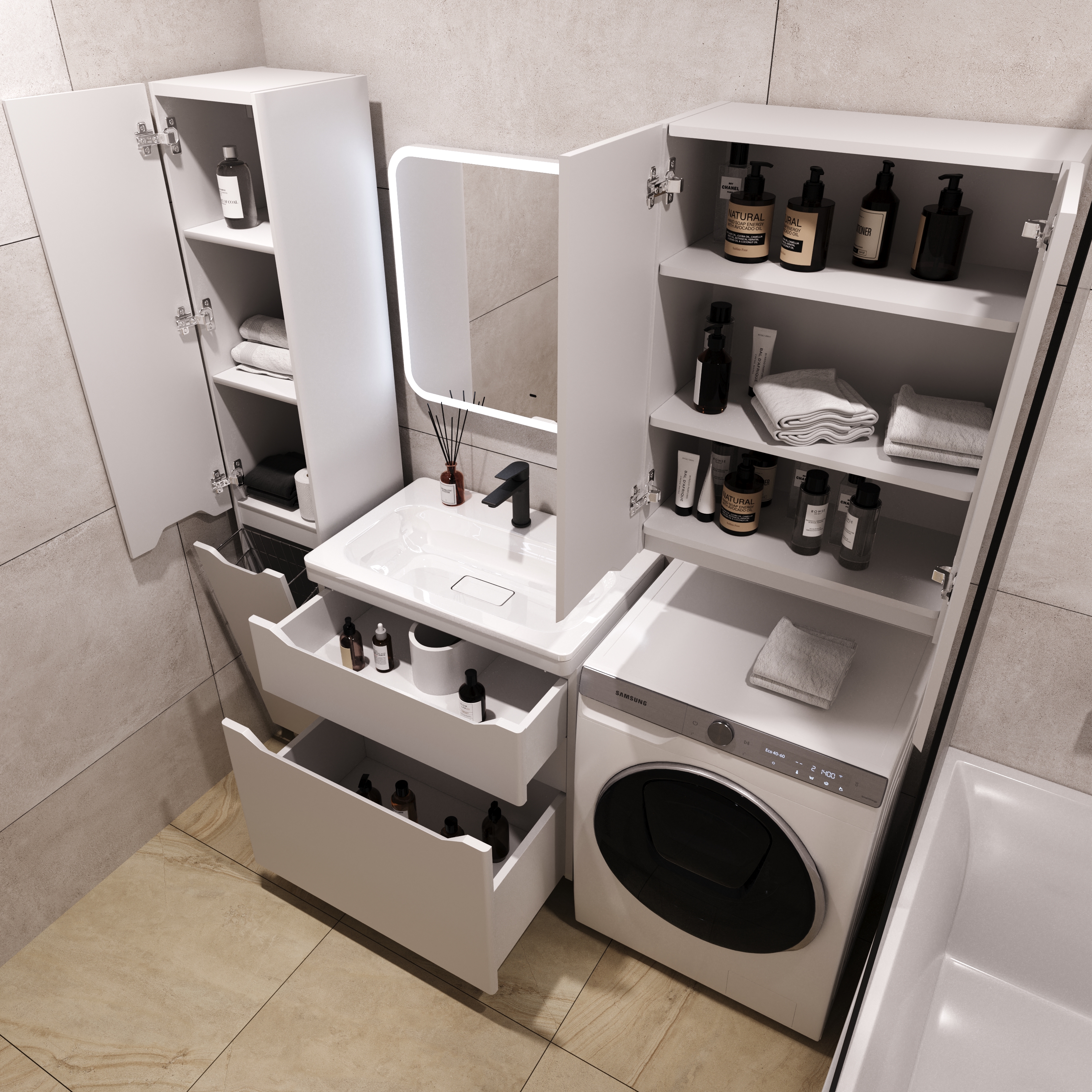 Тумба с раковиной Style Line Марелла 70 2 ящика Люкс антискрейтч белая матовый, Plus напольная