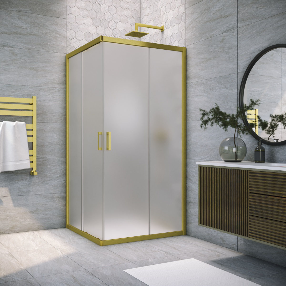Душевой уголок Vegas Glass ZA NOVO 85 03 10, профиль золото матовое, стекло сатин